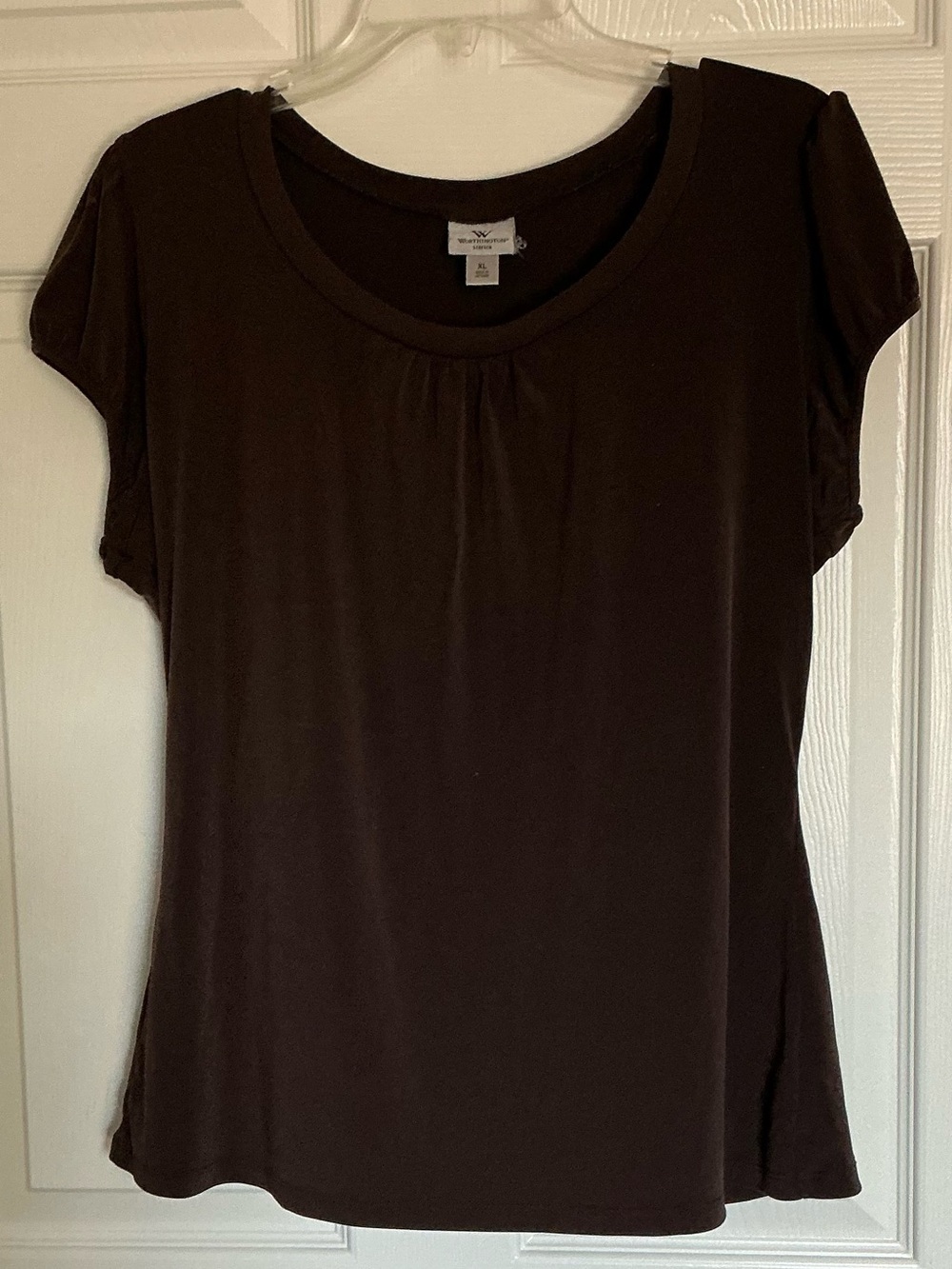Worthington Women Top XL Solid Espresso Dark Brown Cap Sleeve Ruched Knit Blouse